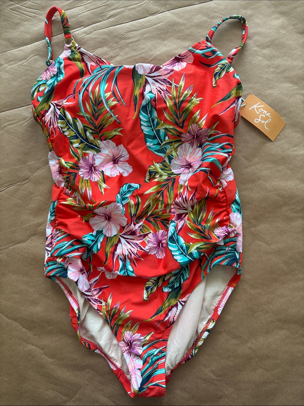 Kona Sol Red Tropical Floral One-Piece Swimsuit
